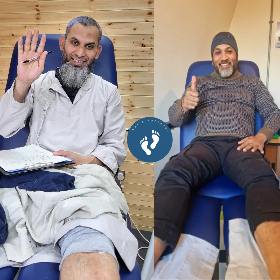 Two patients waving and giving a thumbs-up from the treatment chair