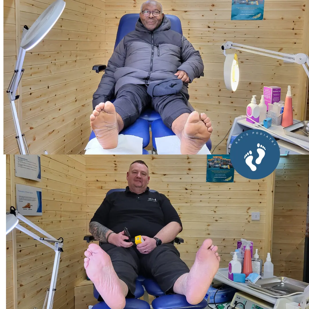 Two patients relaxing in the treatment chair in the wood-panelled room